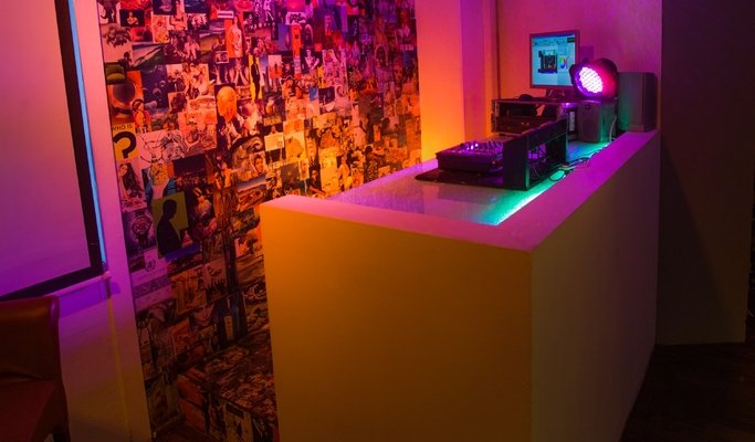 Outside industrially, in colorful, cozy